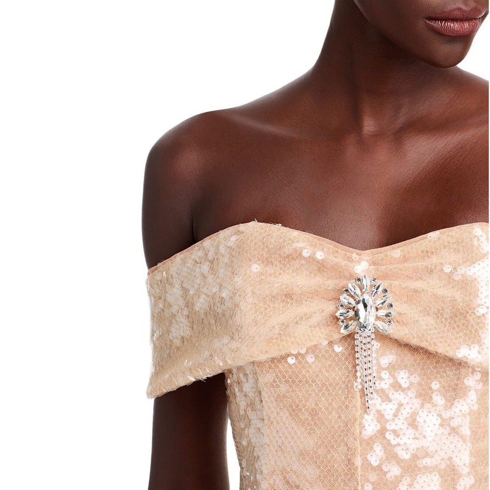 Self-Portrait Gold Sequin Off-the-Shoulder Midi Dress Diamante Brooch Size 10 - Picture 2 of 8